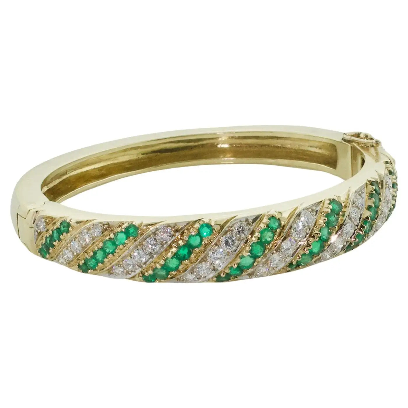 Handmade Silver Bracelets-Emerald and Diamond Bangle Bracelet, Circa 1960's