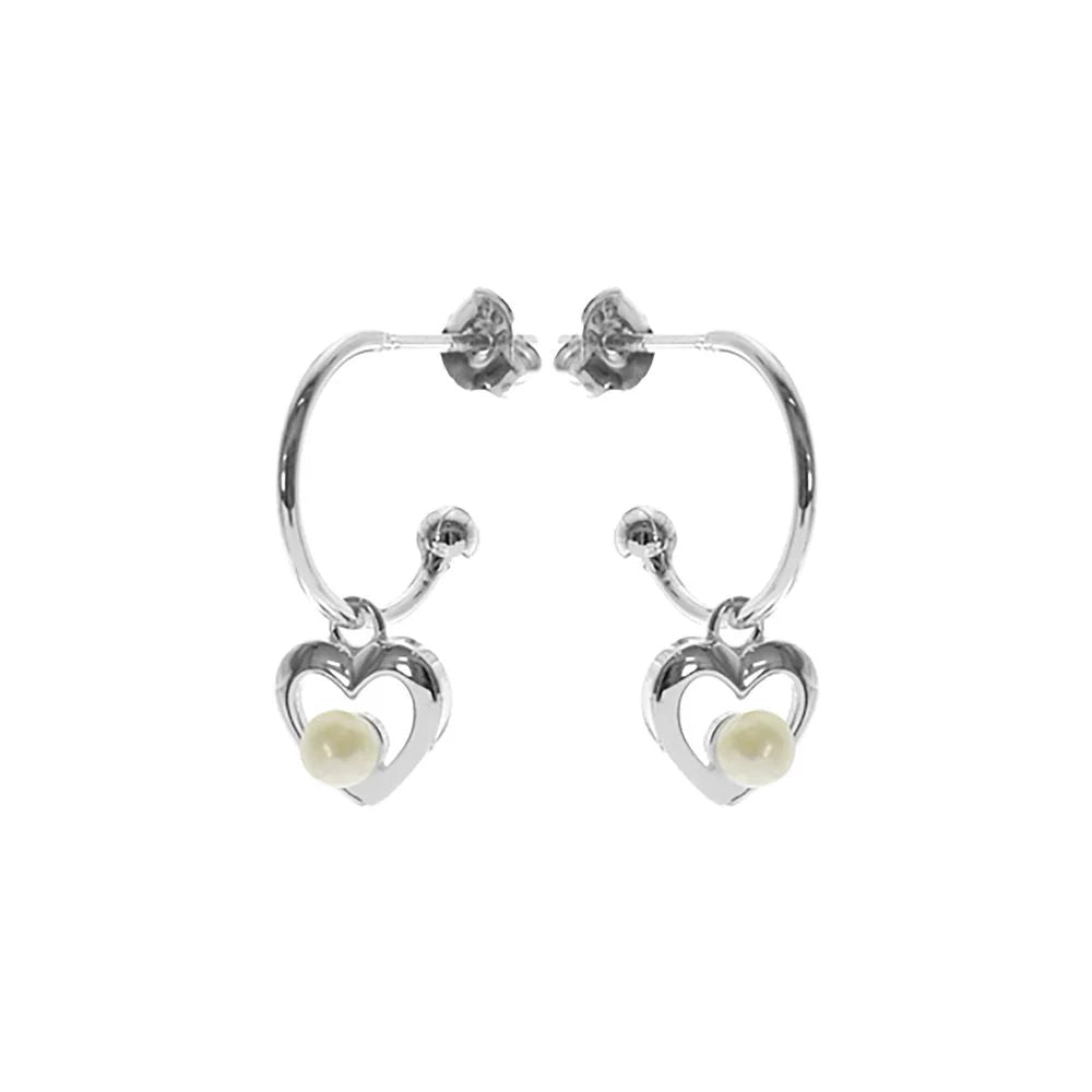 Layered Gemstone Earrings-Sterling Silver Freshwater Pearl Heart Hoop Earrings