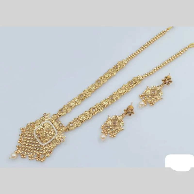 Multi-Strand Necklace-Rani Sati Jewels Gold Plated Pota Stone And Pearl Long Necklace Set