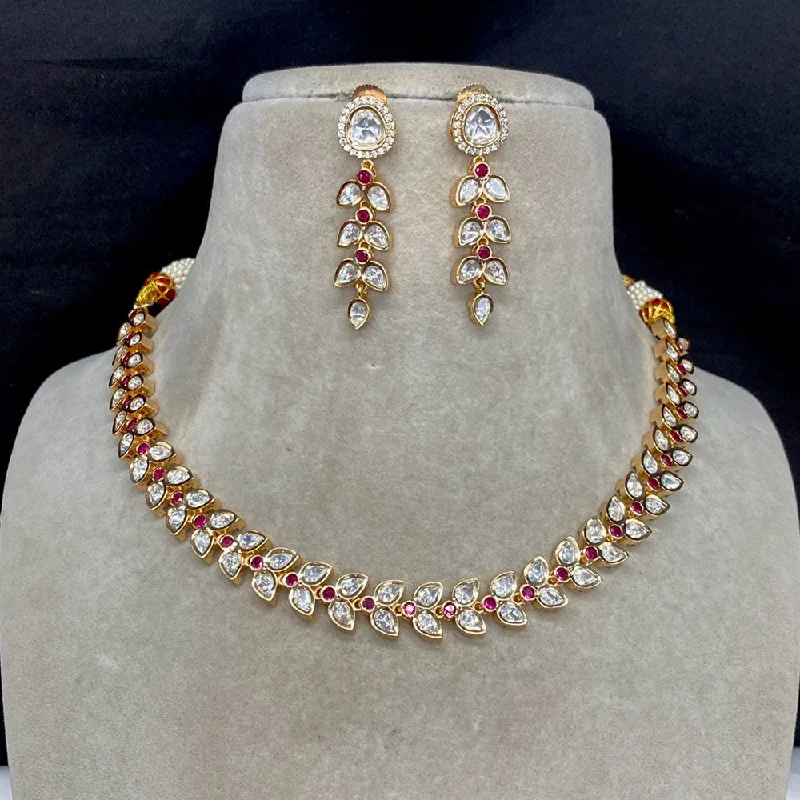 Delicate Gold Chain Necklace-Amoliya Jewels Gold Plated Polki Kundan Stone Necklace Set