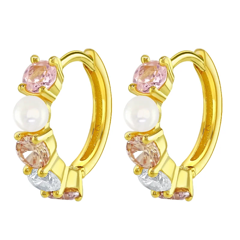 High-End Diamond Earrings-Gold Plated Champagne Cubic Zirconia and Pearl Hoop Earrings