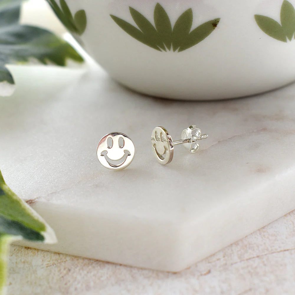 Rose Gold Chain Earrings-Sterling Silver Smiley Face Stud Earrings