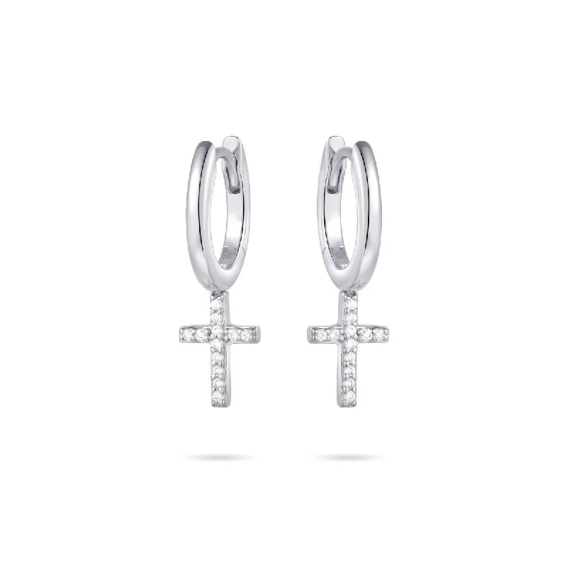 Luxury Stud Earrings-Sterling Silver Hoop Earrings & Cubic Zirconia Dangling Crosses