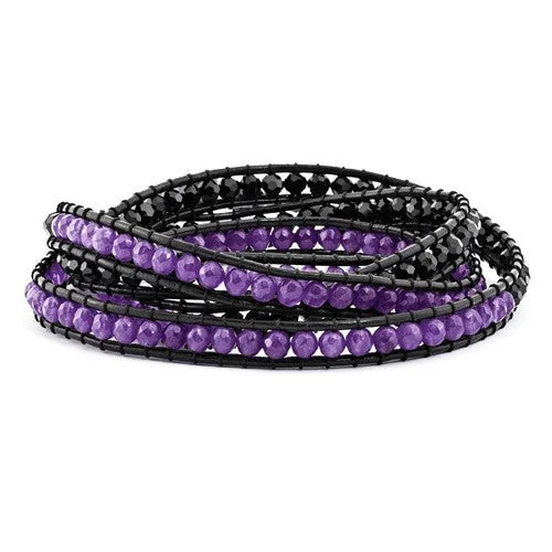 Custom Leather and Gold Bracelets-Black Crystal And Purple Quartz Leather Multi-Wrap Bead Bracelet