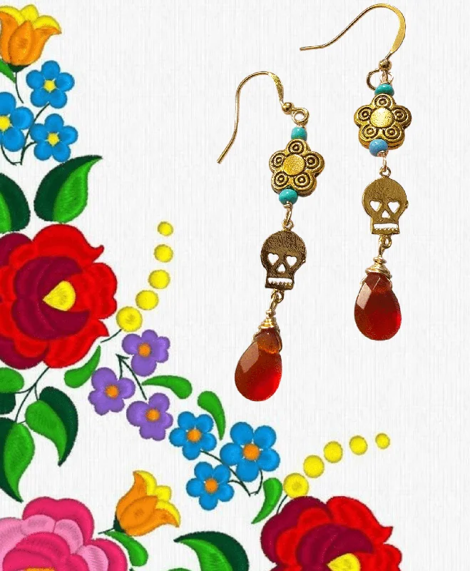 Unique Statement Earrings-Xochitl Skull Carnelian Earrings