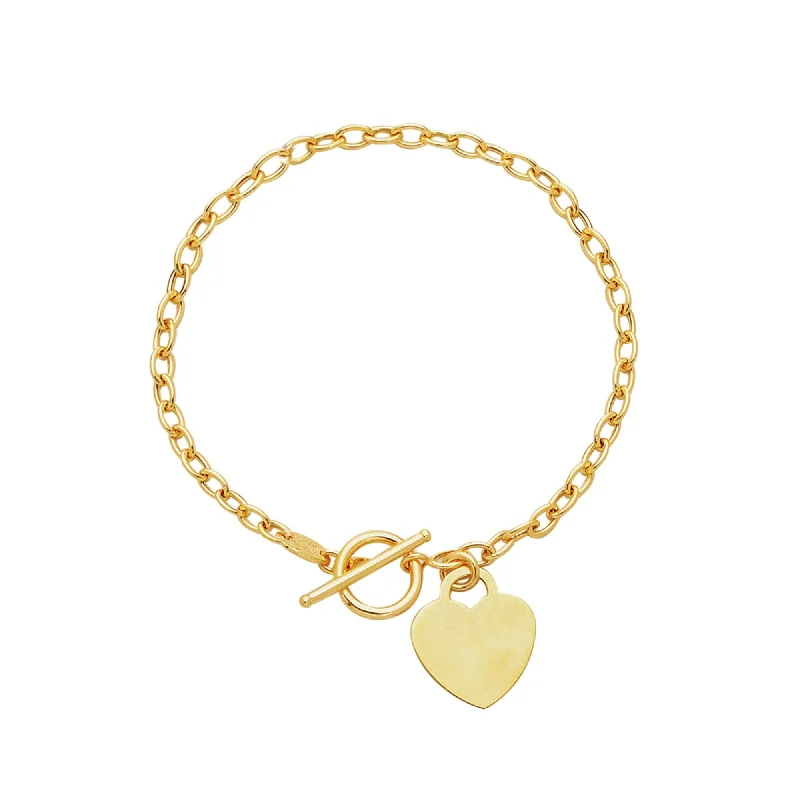 Adjustable Cuff Bracelets-14kt 7.50 inches Yellow Gold Diamond Cut Oval Chain Link Bracelet with Heart & Toggle Lock