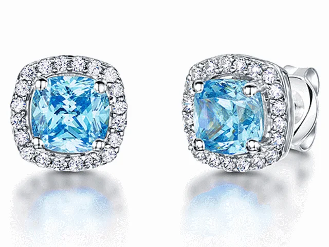 Gold Stud Earrings for Women-Jools Ocean Blue Cubic Zirconia Cushion Cut Halo Stud Earrings