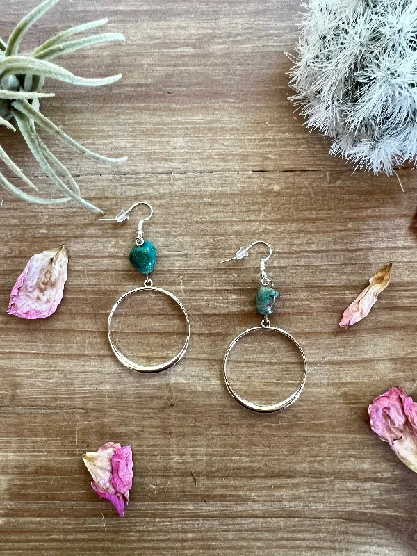 Bridal Hoop Earrings-Turquoise stone and silver mini hoop