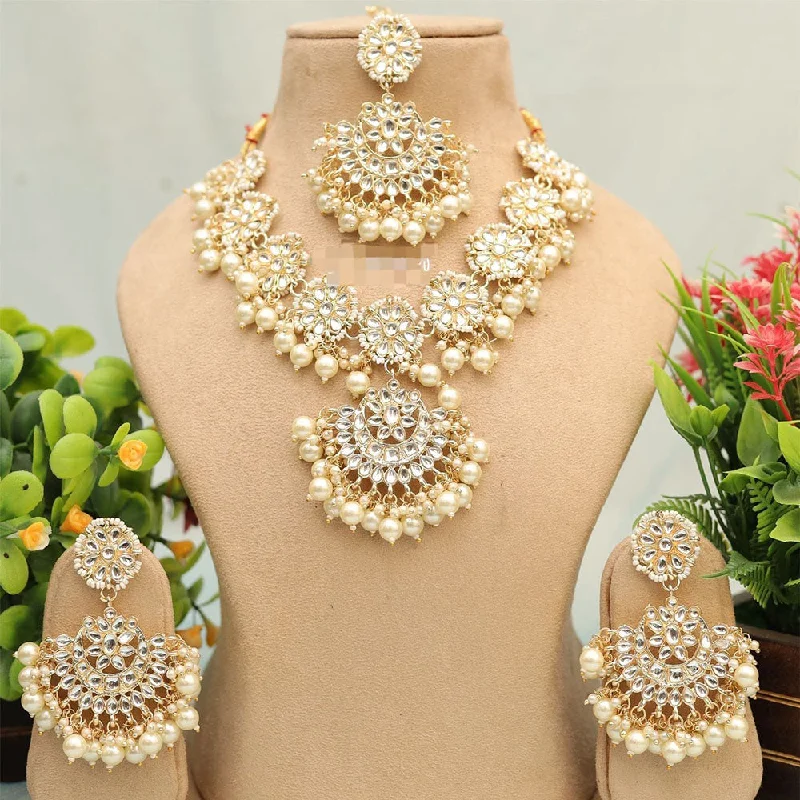 Double Chain Necklace-FS Collection Gold Plated Kundan Stone And Pearls Necklace Set