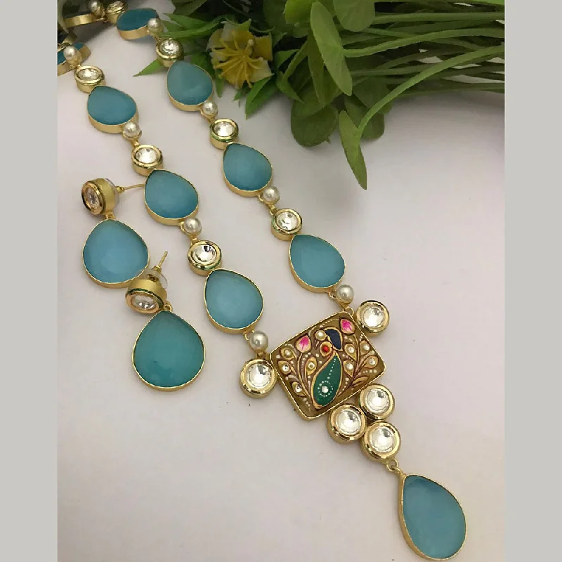 Silver Bar Necklace-FS Collection Gold Plated Kundan Stone And Meenakari Long Necklace Set