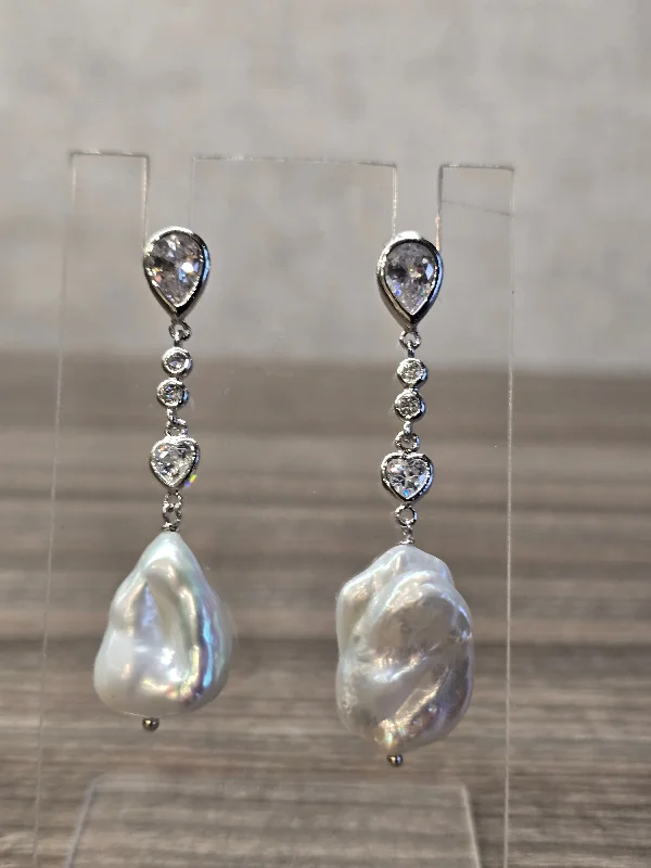 Large Hoop Earrings-Silver Pear Shape Cubic Zirconia Flat Pearl Drop Earrings