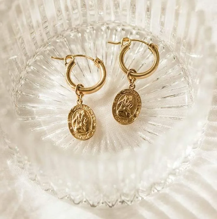 Crystal Hoop Earrings-St. Christopher Charm Earrings