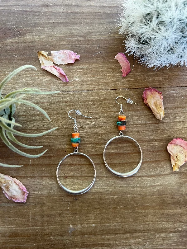 Nature Inspired Earrings-Fall mini hoop - real turquoise and spiny oyster earrings