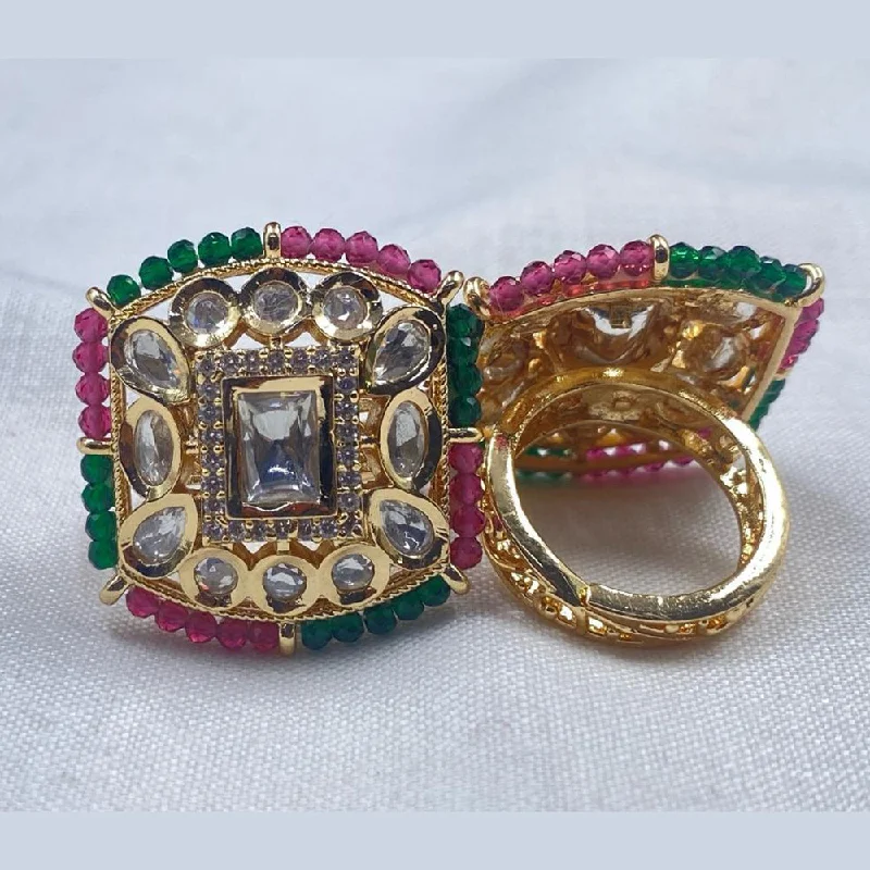 Modern Silver Ring-Royal Kundan Jewellery Gold Plated Polki Kundan And Beads Finger Ring