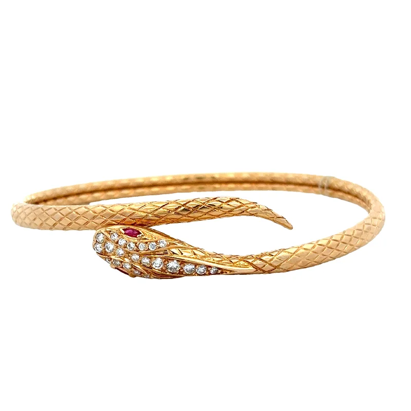 Custom Wedding Bangles-Ruby and Diamond Snake Bangle Bracelet in 18k Yellow Gold