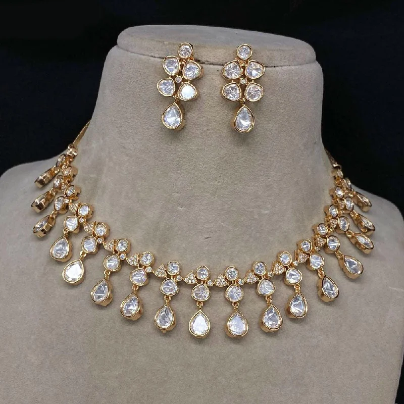 Elegant Gold Leaf Necklace-Amoliya Jewels Gold Plated Polki Kundan Stone Necklace Set