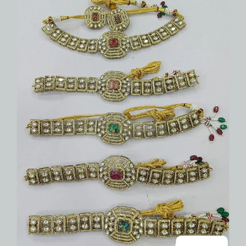 Wedding Pearl Necklace-JCM Gold Plated Polki Kundan Stone Choker Necklace Set