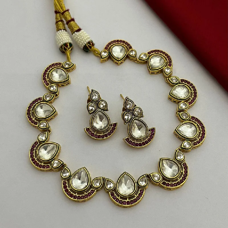 Luxurious Sapphire Necklace-FS Collection Gold Plated Kundan Stone Necklace Set