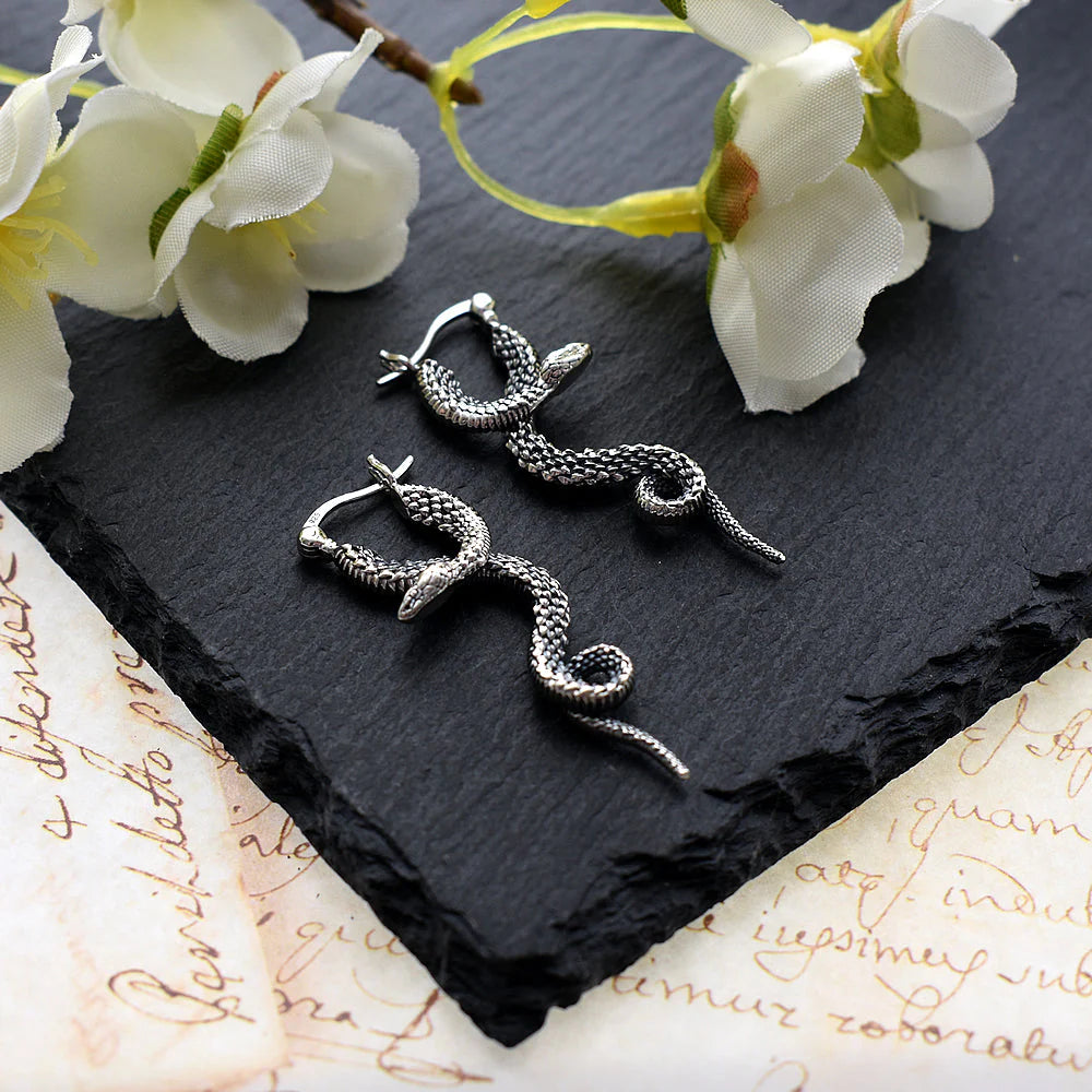 Geometric Hoop Earrings-Oxidised Snake Drop Earrings - Sterling Silver