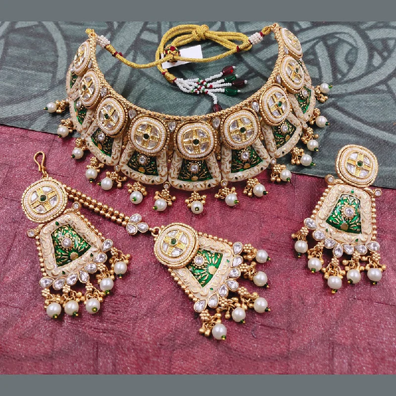 Gold Coin Necklace-Akruti Collection Gold Plated Pota Stone And Pearls Choker Necklace Set