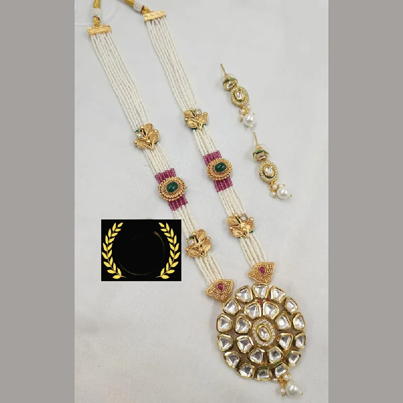 Beaded Charm Necklace-FS Collection Gold Plated Kundan Stone And Pearls Long Necklace Set