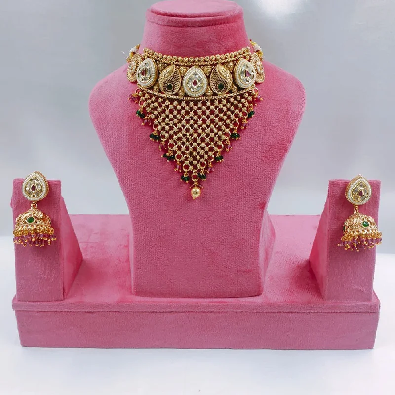 Rose Gold Choker Necklace-Akruti Collection Gold Plated Pota Stone And Pearls Choker Necklace Set