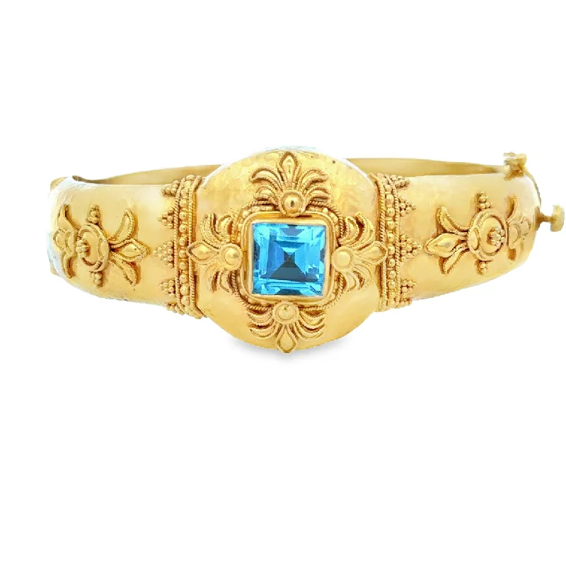 Gold Bangles with Emeralds-Statement Etruscan Style Blue Topaz Bangle in 22k Yellow Gold