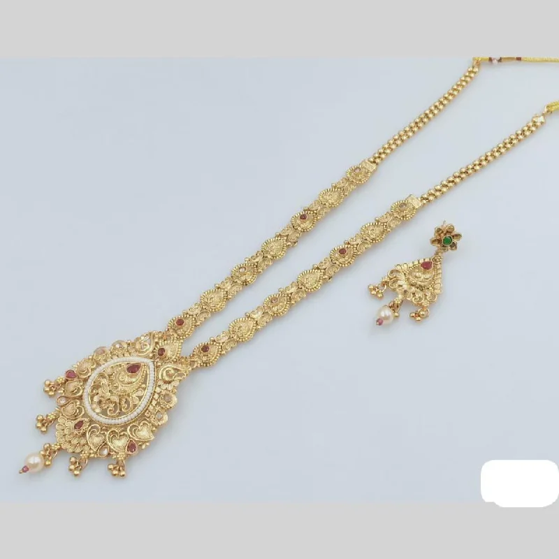 Turquoise Bead Necklace-Rani Sati Jewels Gold Plated Pota Stone And Pearl Long Necklace Set