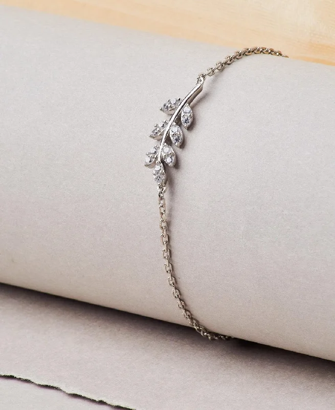 Gemstone Link Bracelets-Fashionable Leaf Stone Studded Silver Bracelet.