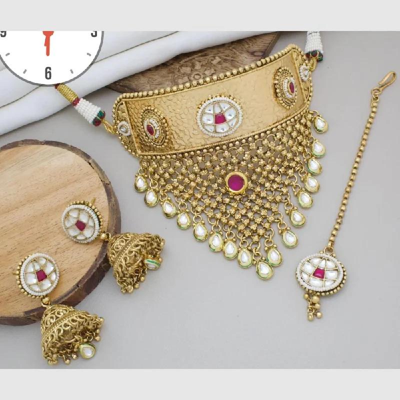 Customizable Birthstone Necklace-Manisha Jewellery Gold Plated Pota Stone Choker Necklace Set