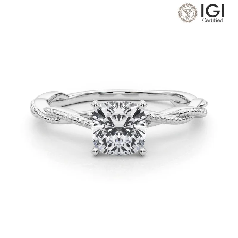 Personal Wedding Band Ring-Anastasia Twisted Vine Cushion Lab Grown Diamond Solitaire Engagement Ring IGI Certified