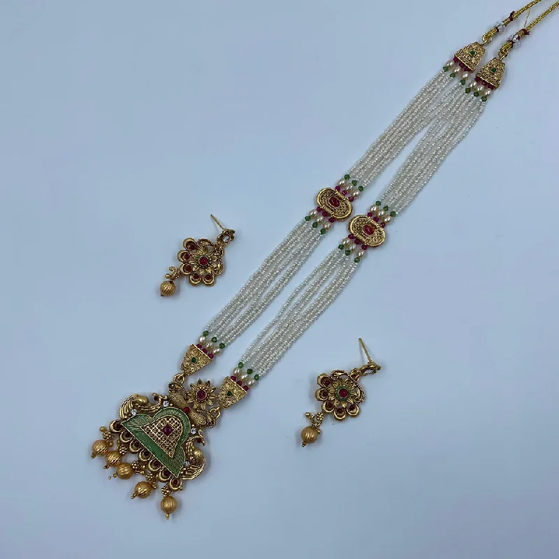 Vintage Gemstone Necklace-The Fashion Jewels Gold Plated Pota Stone And Pearl Long Necklace Set