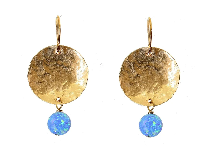 Emerald Green Earrings-Blue Opal with Hammered Gold Drop Earrings