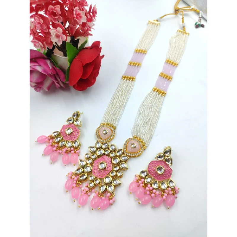 Custom Birthstone Necklace-Akruti Collection Gold Plated Kundan Stone And Pearl Long Necklace Set