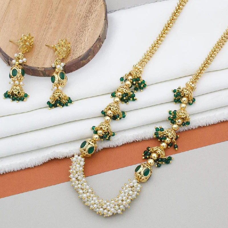 Vintage-inspired Choker Necklace-Kavita Art Gold Plated Pota Stone And Pearls Long Necklace Set