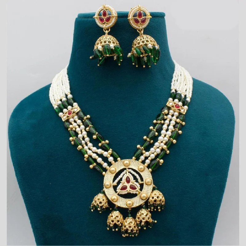 Statement Chunky Necklace-JCM Gold Plated Pota Stone And Pearls Necklace Set