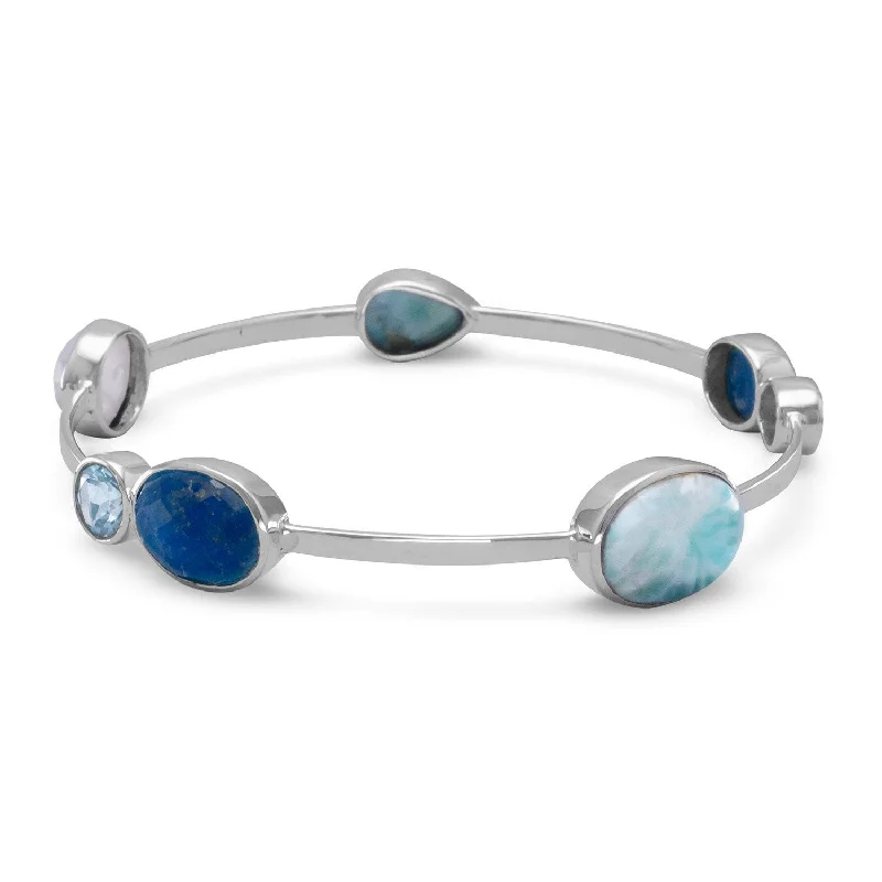 Adjustable Gemstone Bracelet-Sterling Silver Larimar, Blue Topaz, Aventurine and Rainbow Moonstone Bangle Bracelet