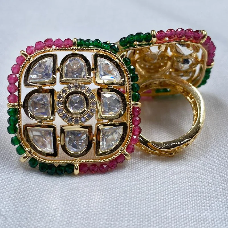 Wedding Set with Diamond Ring-Royal Kundan Jewellery Gold Plated Polki Kundan Finger Ring