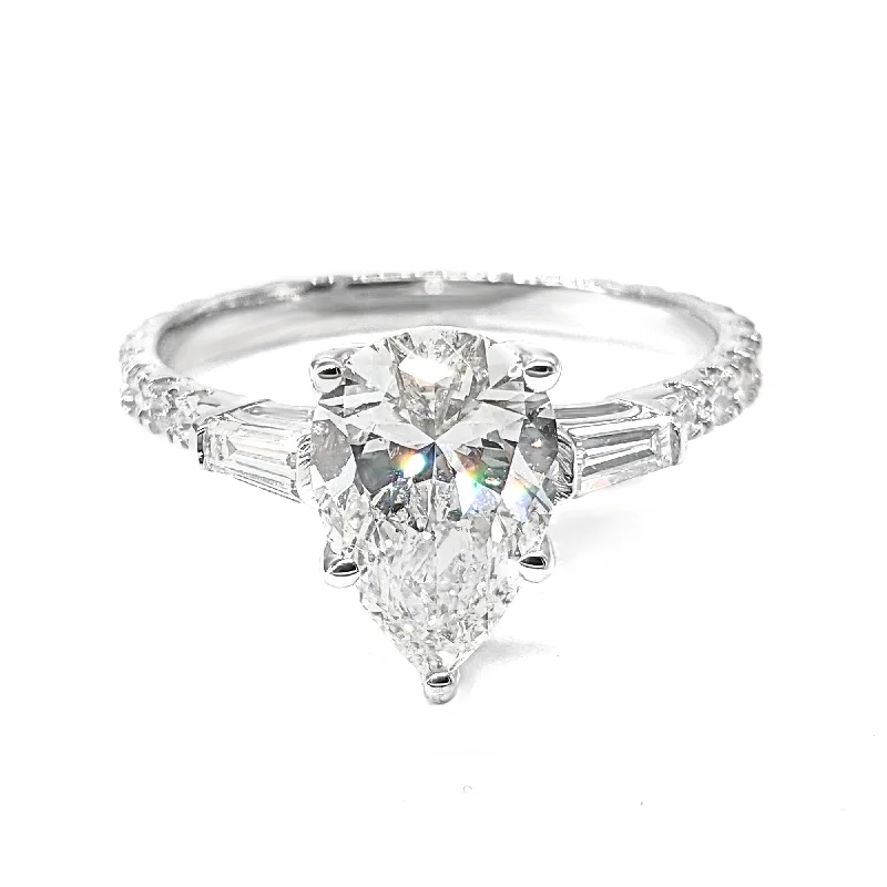 Wedding Ring Set with Diamonds-2.00 ctw Pear Diamond Three-Stone Engagement Ring Side Tapered Baguettes