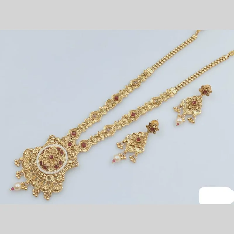 Simple Pendant Necklace-Rani Sati Jewels Gold Plated Pota Stone And Pearl Long Necklace Set