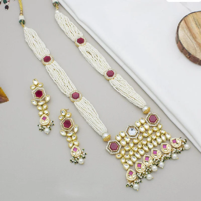 Chunky Gold Necklace-Kavita Art Gold Plated Kundan Stone And Pearls Long Necklace Set