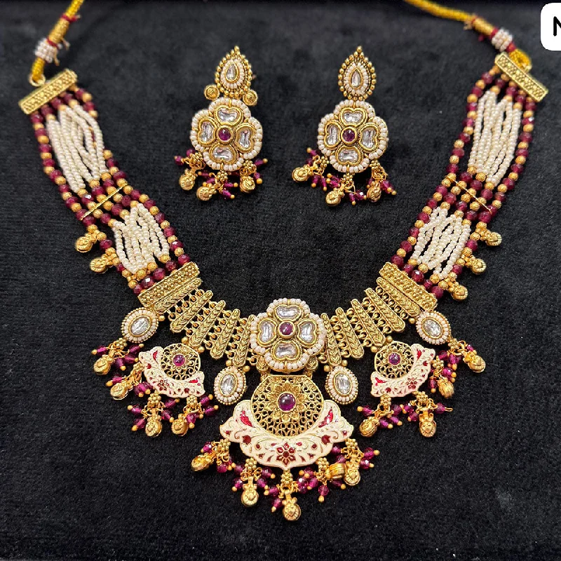 Gold Bangle Necklace-JCM Gold Plated Kundan Stone Pearl And Meenakari Necklace Set