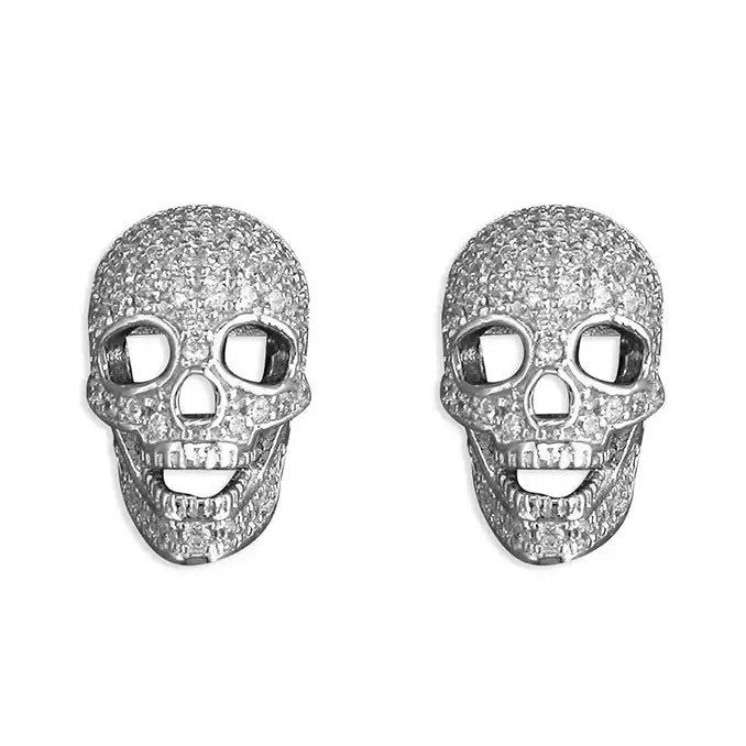 Bohemian Style Earrings-Sterling Silver Cubic Zirconia Skull Stud Earrings