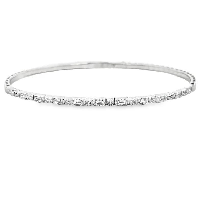 Handmade Diamond Bangles-Flexible Baguette and Round Cut Diamond Bangle in White Gold