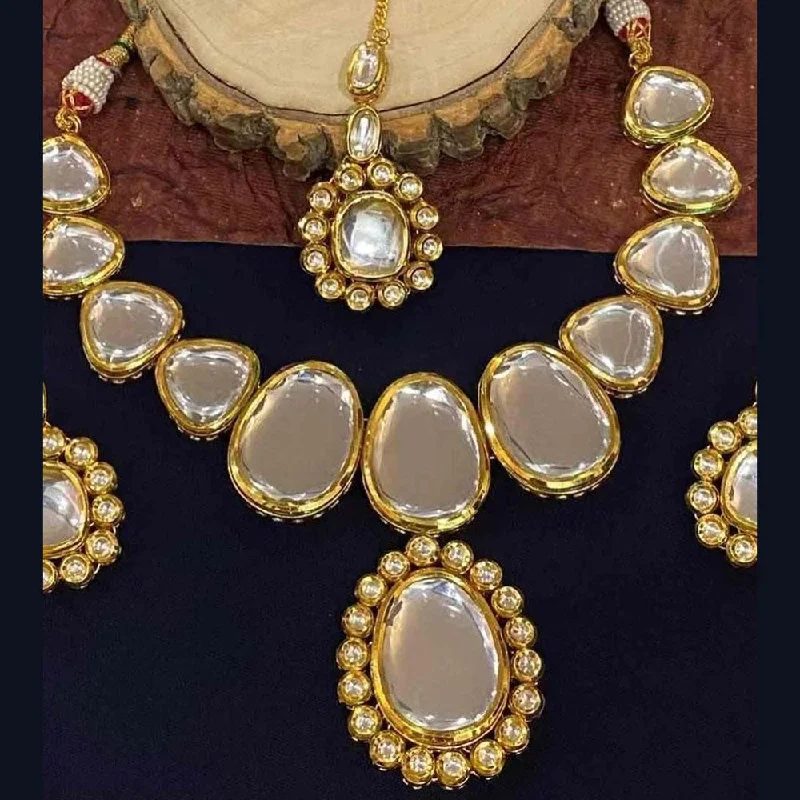 Fashionable Crystal Necklace-FS Collection Gold Plated Kundan Stone Necklace Set