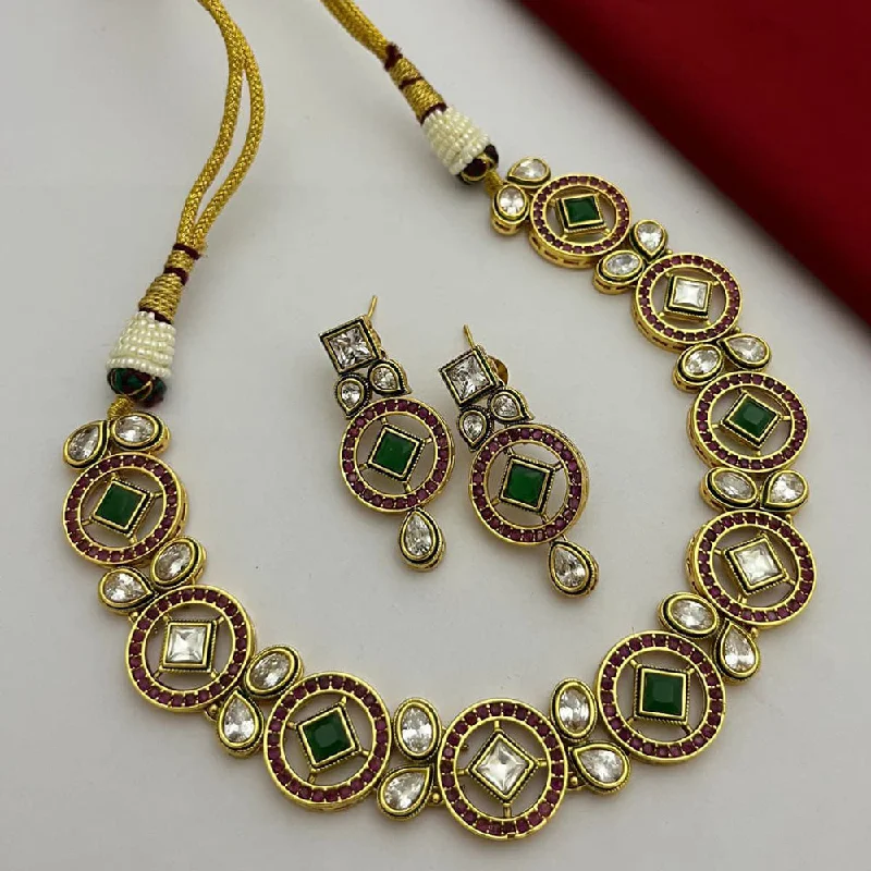 Colorful Bead Necklace-FS Collection Gold Plated Kundan Stone Necklace Set