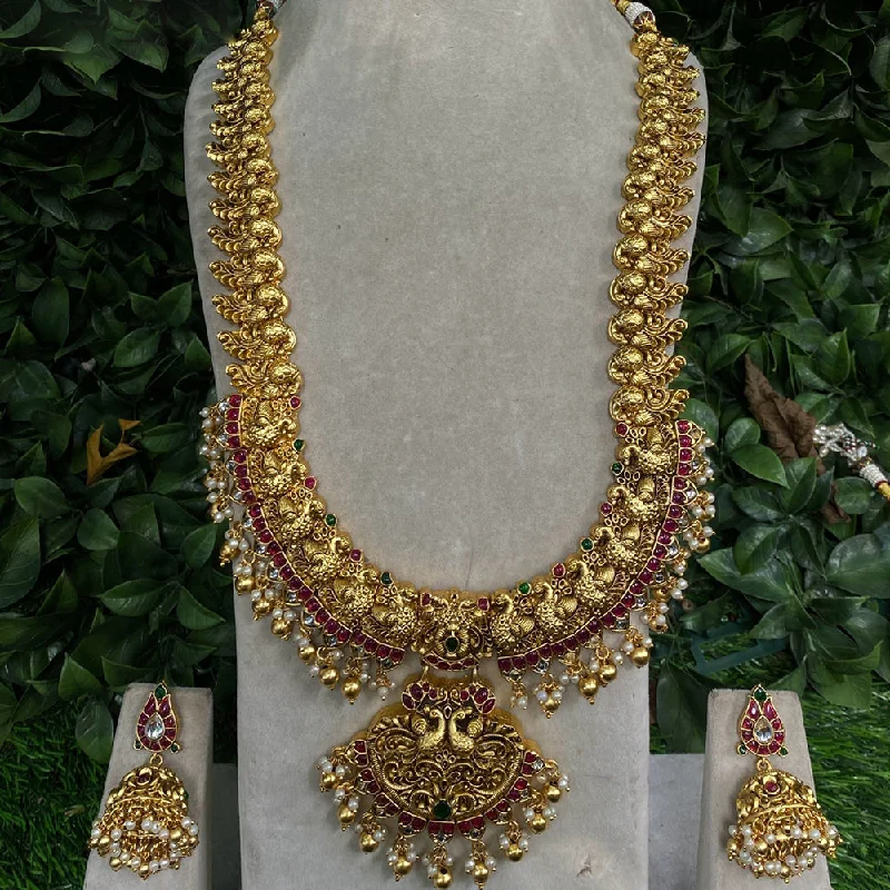 Unique Leather Necklace-Amoliya Jewels Gold Plated Peacock Design Long Necklace Set