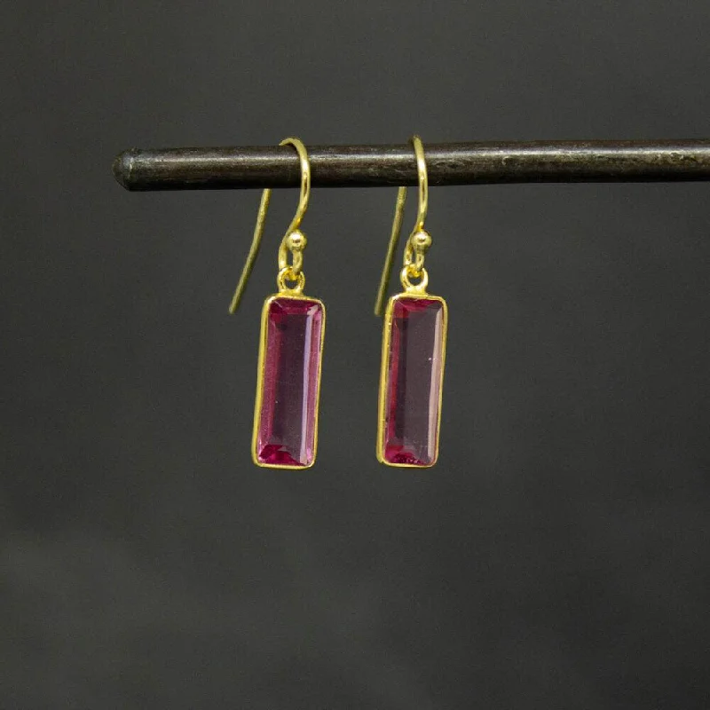 Textured Gold Earrings-18ct Gold Vermeil Faceted Pink Quartz Drop Earrings