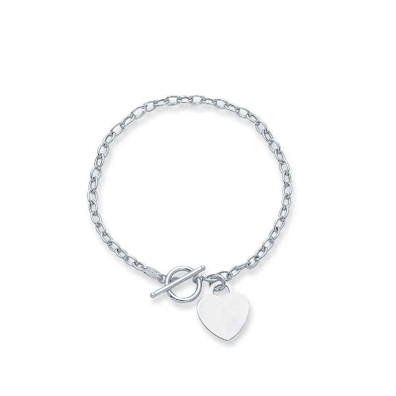 Diamond and Gold Bracelets-14kt 7.50 inches White Gold Diamond Cut Oval Chain Link Bracelet with Heart + Toggle Lock