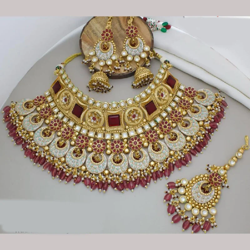 Trendy Gold Pendant Necklace-Kavita Art Gold Plated Pota Stone And Beads choker Necklace Set